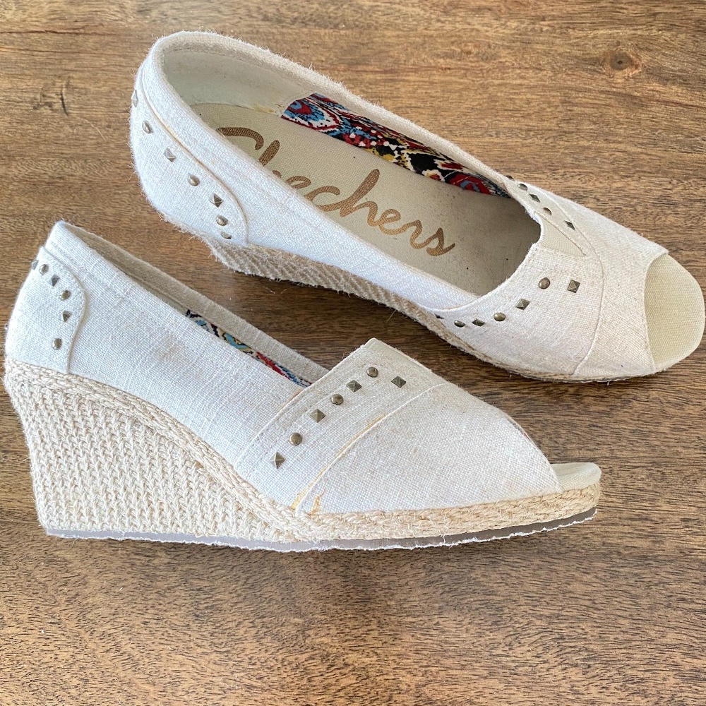 Skechers Canvas Cream Espadrilles peep toe Size 10